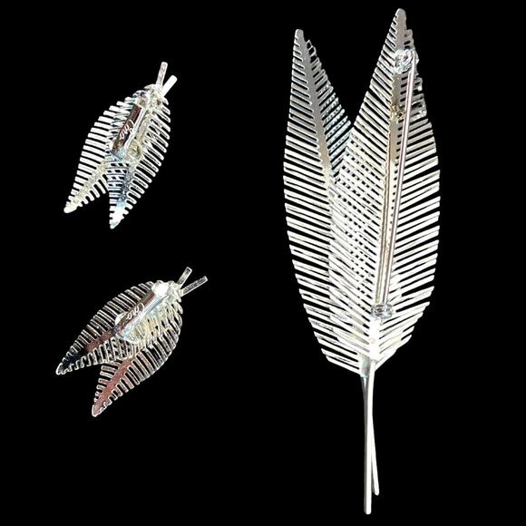 Vintage Silver Tone Quill Feather Leaves Brooch & Clip On Earrings Set Nature - Picture 2 of 5